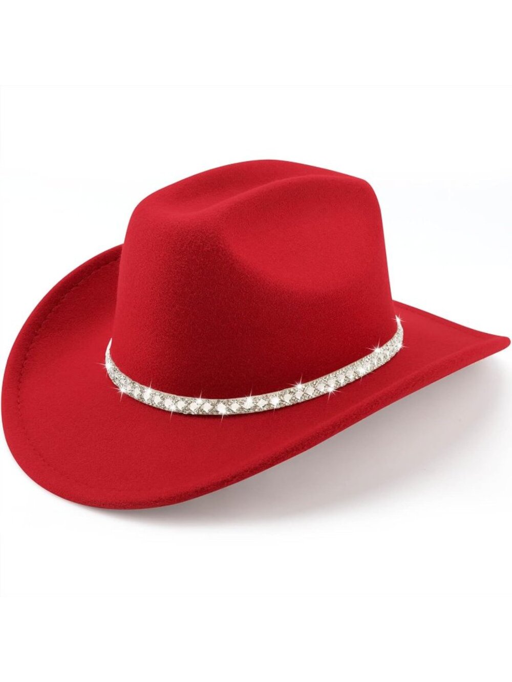 Unisex Red Felt Wide Brim Fedora Belt Buckle Western Cowboy Rolled Cap Hat